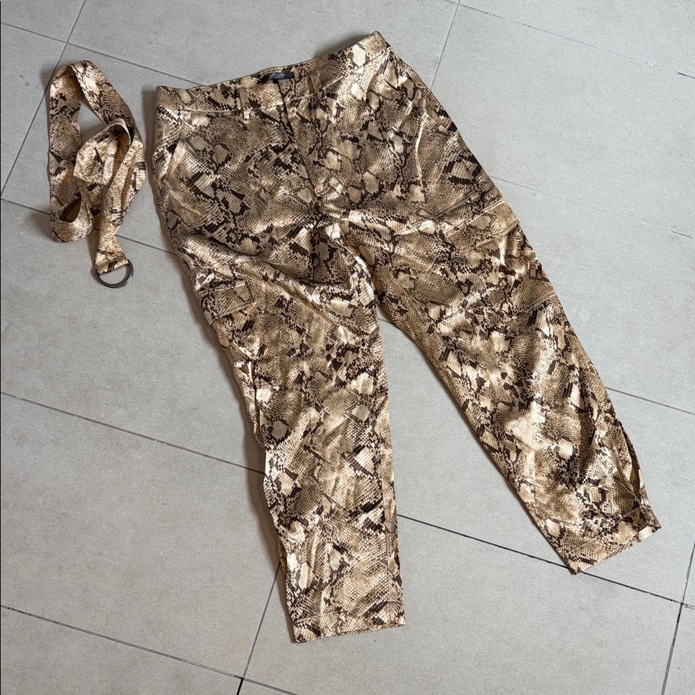 100% Silk Banana Republic Beige Snake-Print Cropped Pants (& matching belt!!) - Picture 4 of 4